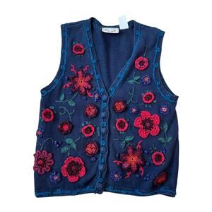Vintage 90s Erika Floral Embellished Knit Sweater Vest Cottagecore Navy Whimsy